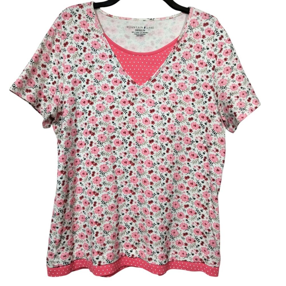 Mountain Lake Floral Short Sleeve T-shirt Layered Look Pink White Size Medium